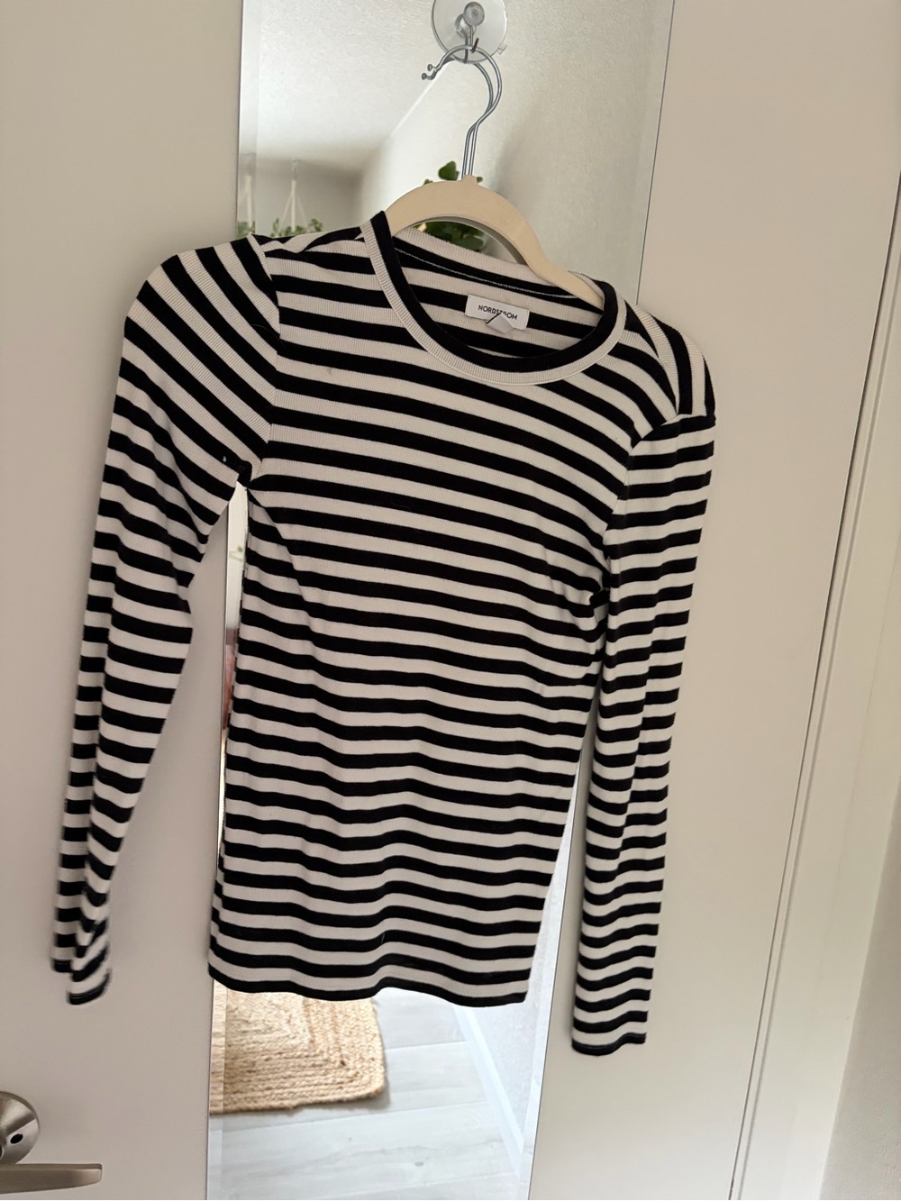 Mango Black and White Striped Long Sleeve Crew Top